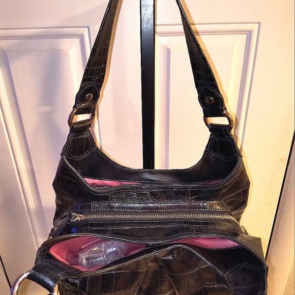 COACH Black Croc-Embossed Leather Maggie 2-Strap Purse Handbag EXC - Picture 9 of 14